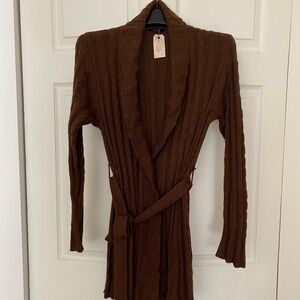 Shawl collared wrap sweater with tie belt